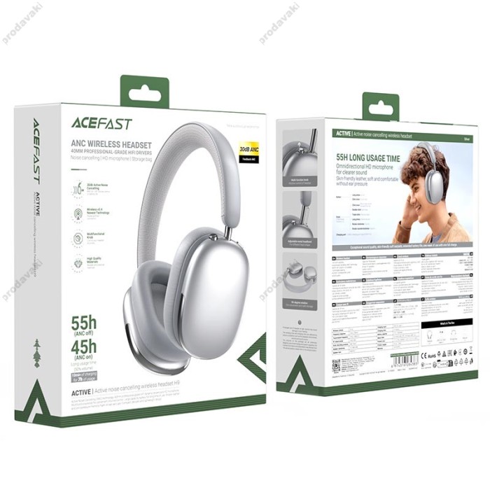 Бездротові Bluetooth навушники ACEFAST H9 active noise cancelling wireless headset BT 5.4 Silver